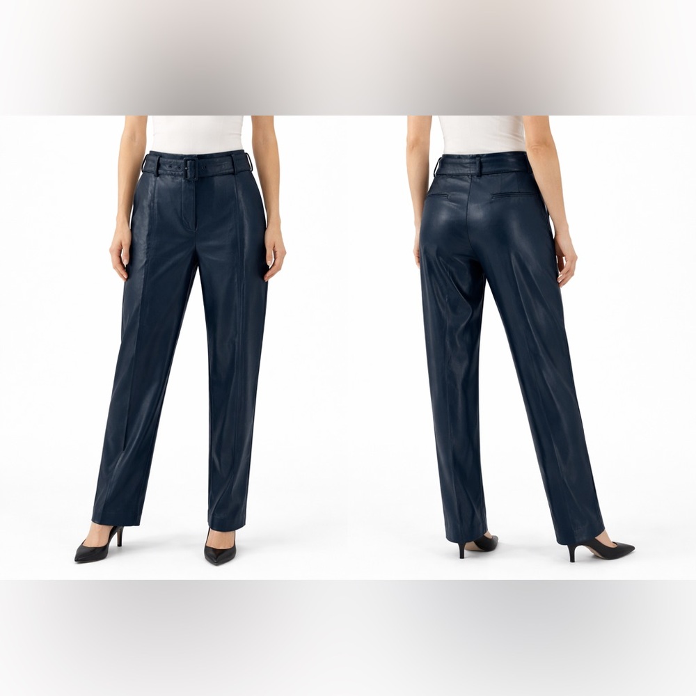 Ann Taylor Elegant Teal Faux Leather High-Waist Straight-Leg Pants with Belt